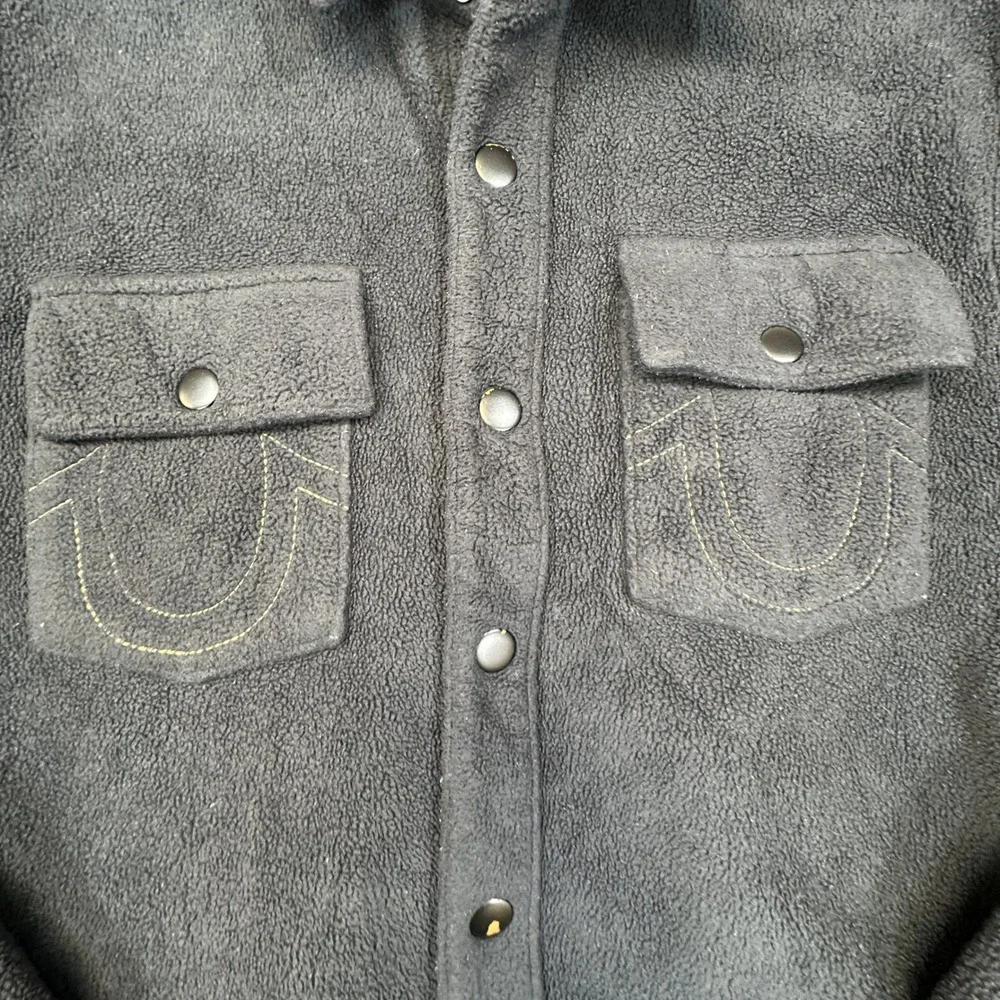 True Religion Fleece Shirt Jacket Mens Medium Black Snap Front Shacket Horseshoe